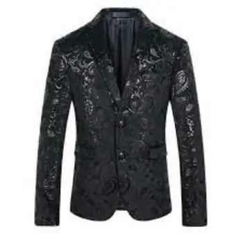 Mens Black Floral Brocade Print Fitted Blazer